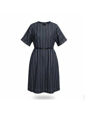 Donna Karan Womens Navy Cotton-Blend Stripe Belted Dress Size L